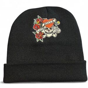 Ed Hardy Black Beanie with Skull and Roses